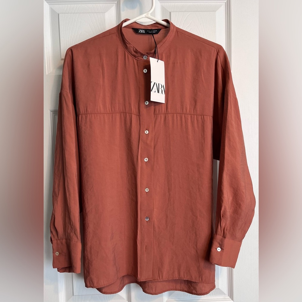 Zara, Women’s Collarless Button-Up Shirt, color Rust, side M